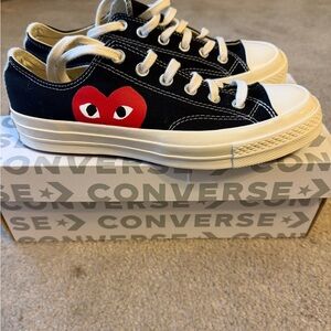 Comme des Garçons Converse Black/White Low-Top Sneakers with Red Heart Accent